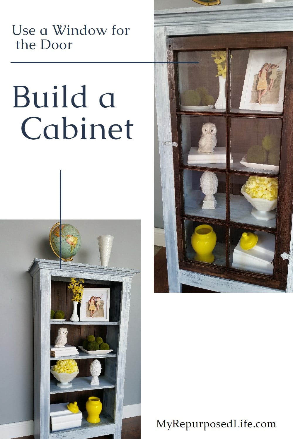 A reclaimed window and other scrap pieces of wood are combined to make a tall window cabinet for displaying items in your home decor. Step by step directions with lots of tips! #MyRepurposedLife #repurposed #window #tall #floor #cabinet #project #homedecor via @repurposedlife