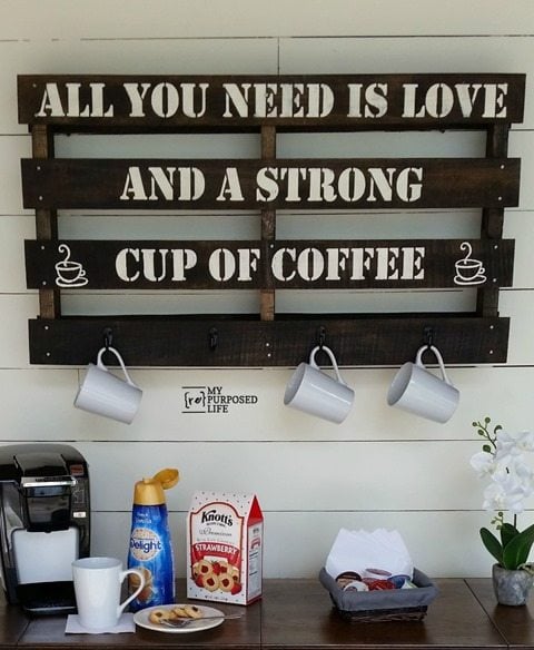 A reclaimed pallet is perfect for making a coffee cup rack. With a stencil, some stain and hooks you'll be finished in no time! I have all the tips you need to complete this project in an afternoon. #MyRepurposedLife #pallet #repurposed #coffeelovers #repurposed #project via @repurposedlife