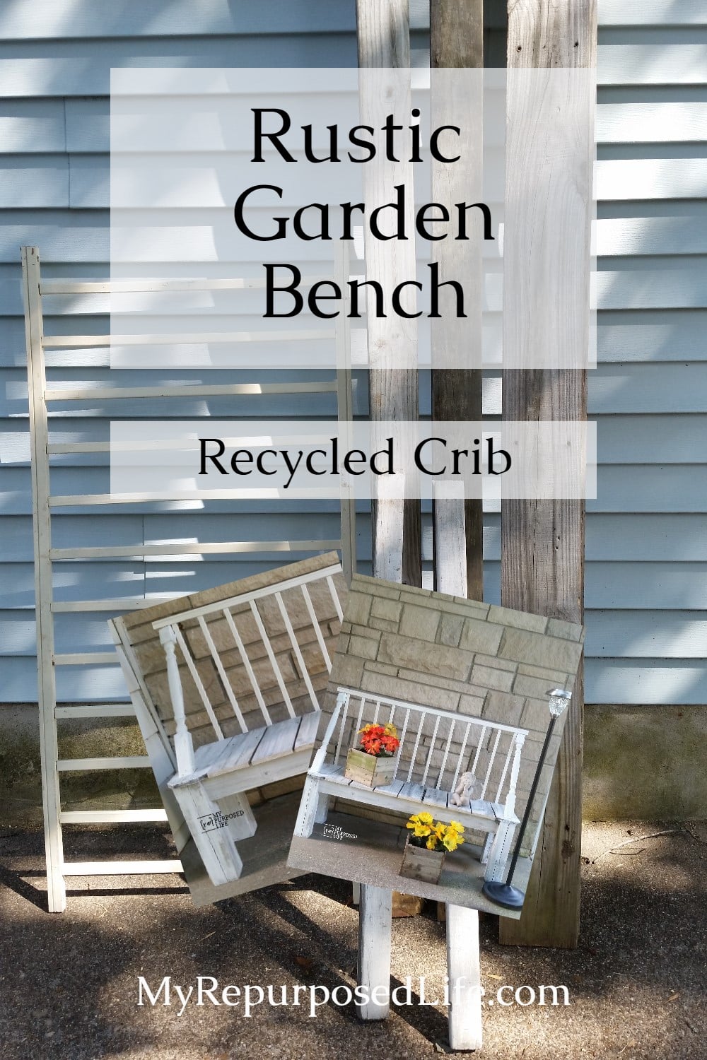 Using reclaimed spindles, crib rails and fence boards--it was easy to make this crib garden bench. Awesome outdoor garden bench costing very little. Complete directions to make your own. #MyRepurposedLife #repurposed #furniture #outdoors #garden #bench via @repurposedlife