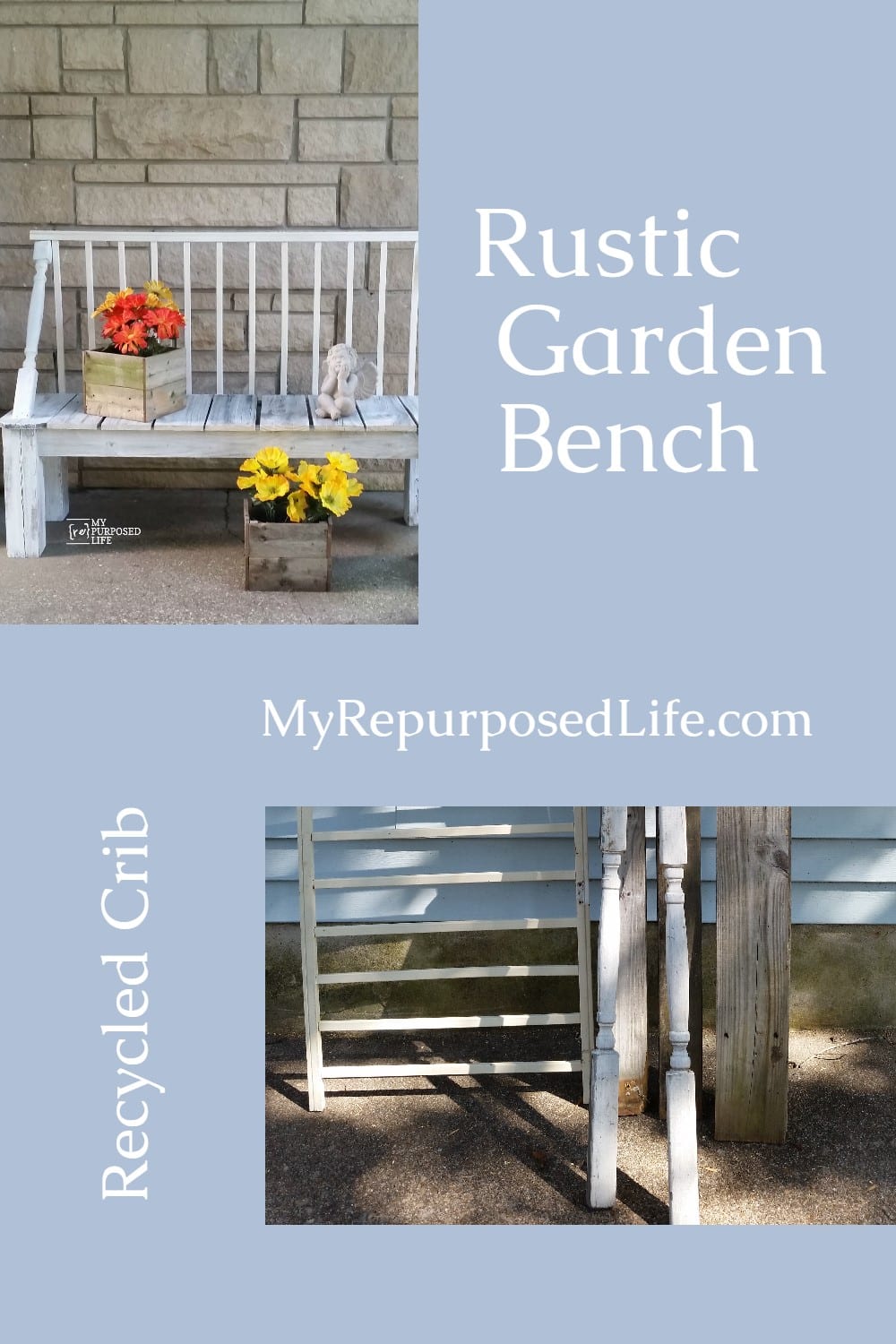 Using reclaimed spindles, crib rails and fence boards--it was easy to make this crib garden bench. Awesome outdoor garden bench costing very little. Complete directions to make your own. #MyRepurposedLife #repurposed #furniture #outdoors #garden #bench via @repurposedlife