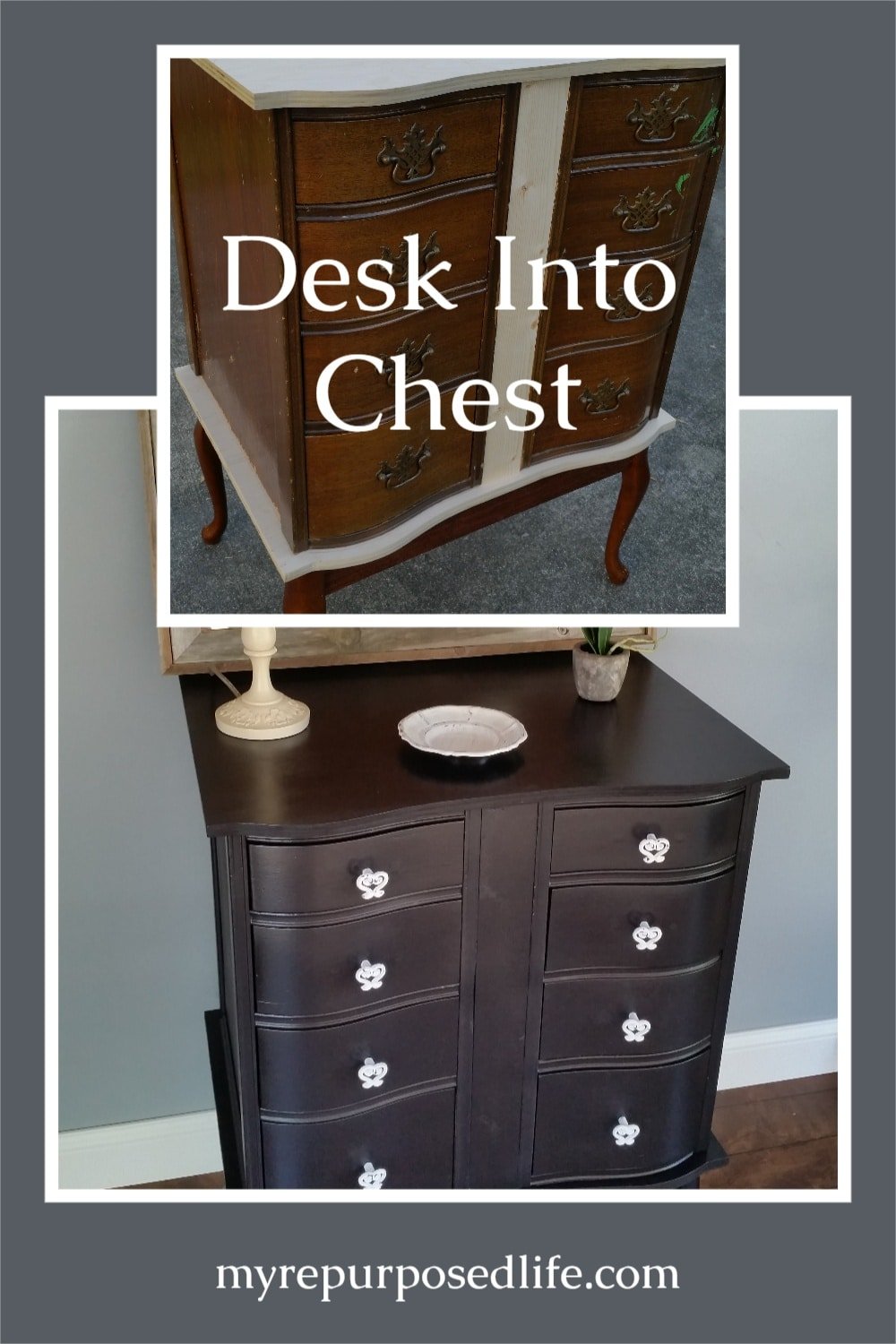 How to turn an old desk into a great new dressing table. Lots of storage, add baskets on the floor for even more organization. #MyRepurposedLife #repurposed #furniture #desk #dressingtable #chest via @repurposedlife