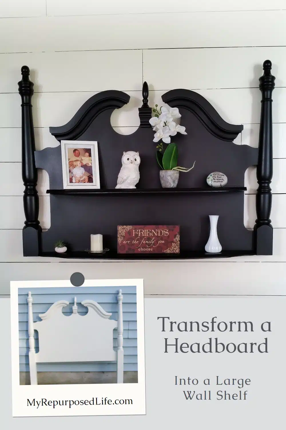 How to make a large shelf out of an old headboard. So popular on the blog! Step by step directions. #MyRepurposedLife #repurposed #furniture #shelf via @repurposedlife