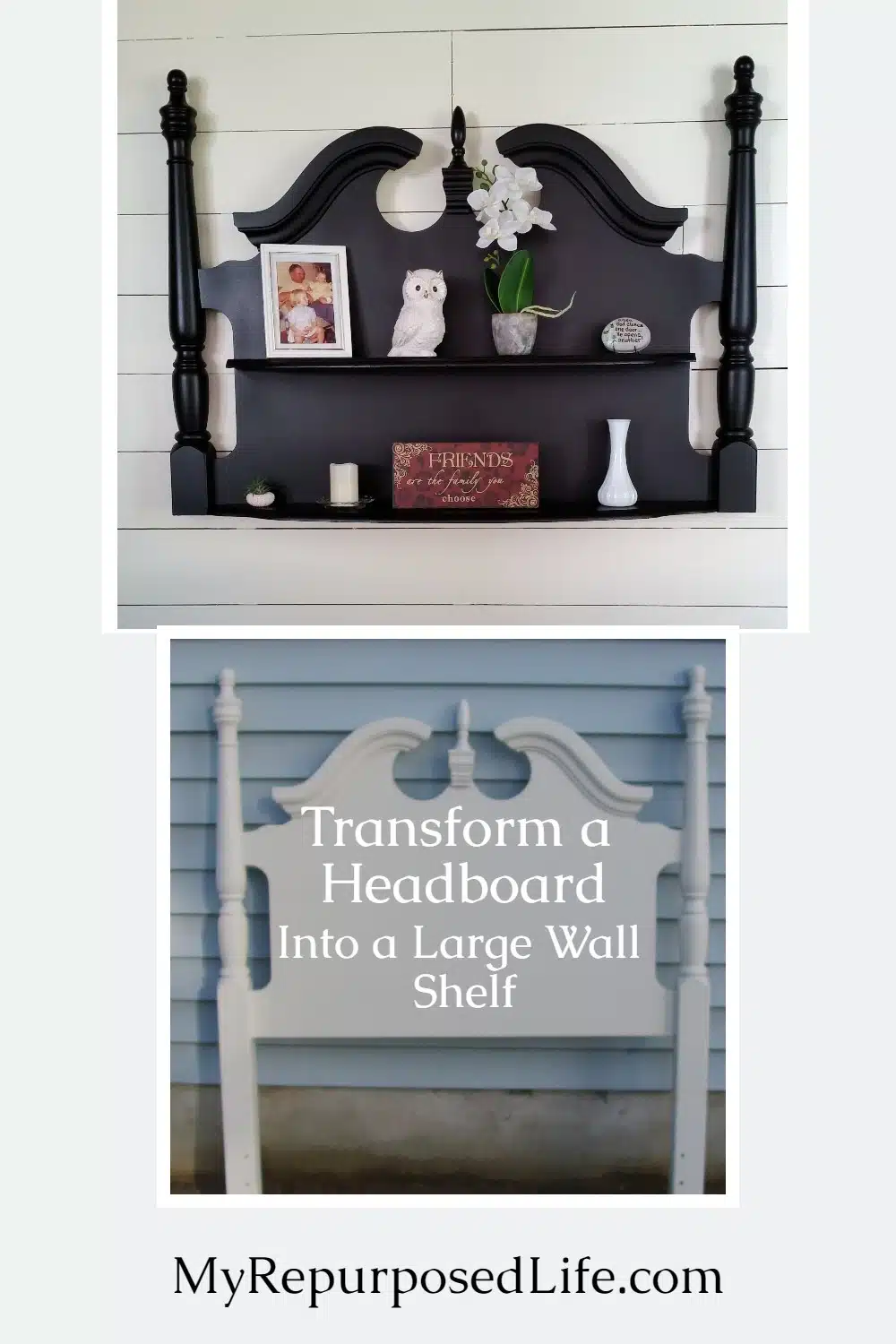 How to make a large shelf out of an old headboard. So popular on the blog! Step by step directions. #MyRepurposedLife #repurposed #furniture #shelf via @repurposedlife