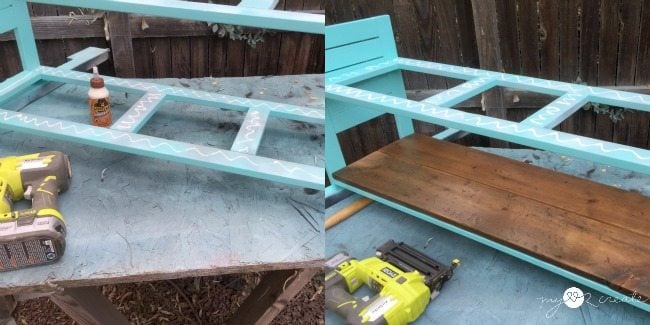 adding bench seat and shelf with reclaimed barn wood using glue and finish nails