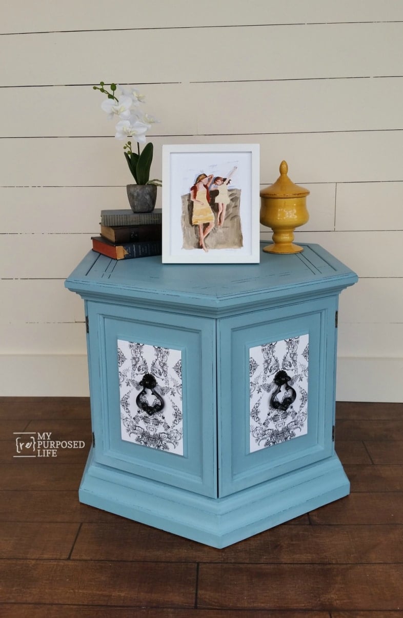 blue hexagon table with black and white decoupage