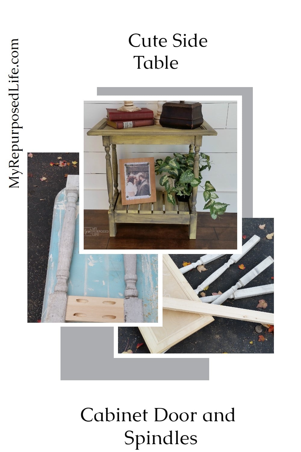 Cabinet Door Side Table Using bits and pieces you can easily build your own custom side table. #MyRepurposedLife #diy #repurposed #bits&pieces #spindles #cabinetdoor #repurposed via @repurposedlife