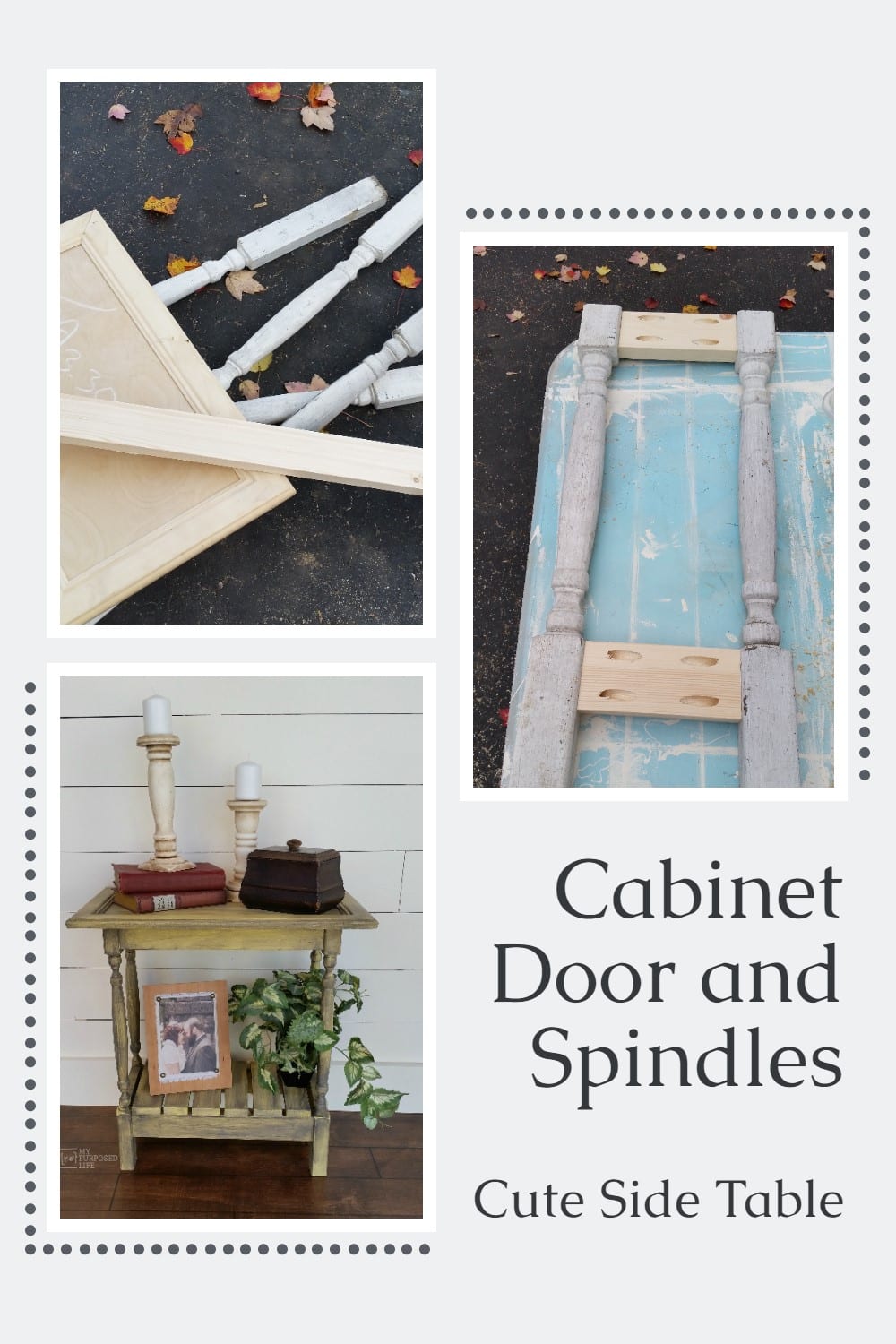 Cabinet Door Side Table Using bits and pieces you can easily build your own custom side table. #MyRepurposedLife #diy #repurposed #bits&pieces #spindles #cabinetdoor #repurposed via @repurposedlife