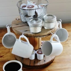 repurposed wooden cable spool coffee station