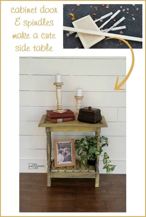 A cabinet door, spindles and scrap wood make a cute side table. Great project for a beginner
