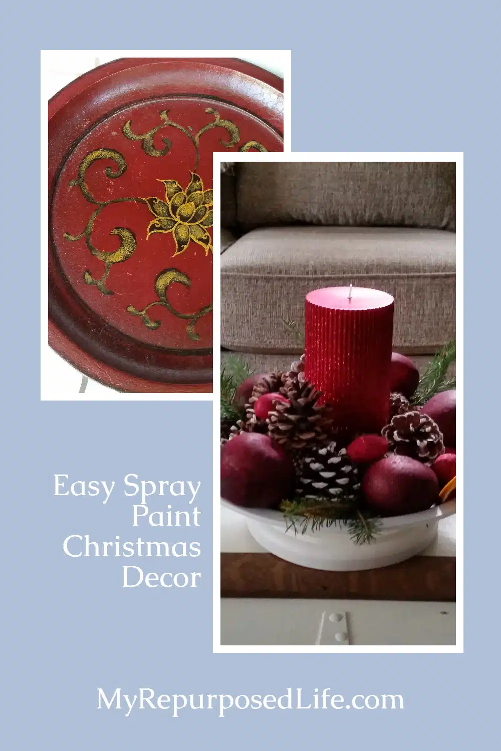 How to change up a thrift store platter with spray paint into a pretty new Christmas decor project. #MyRepurposedLife #upcycle #Christmasdecor #Christmas via @repurposedlife