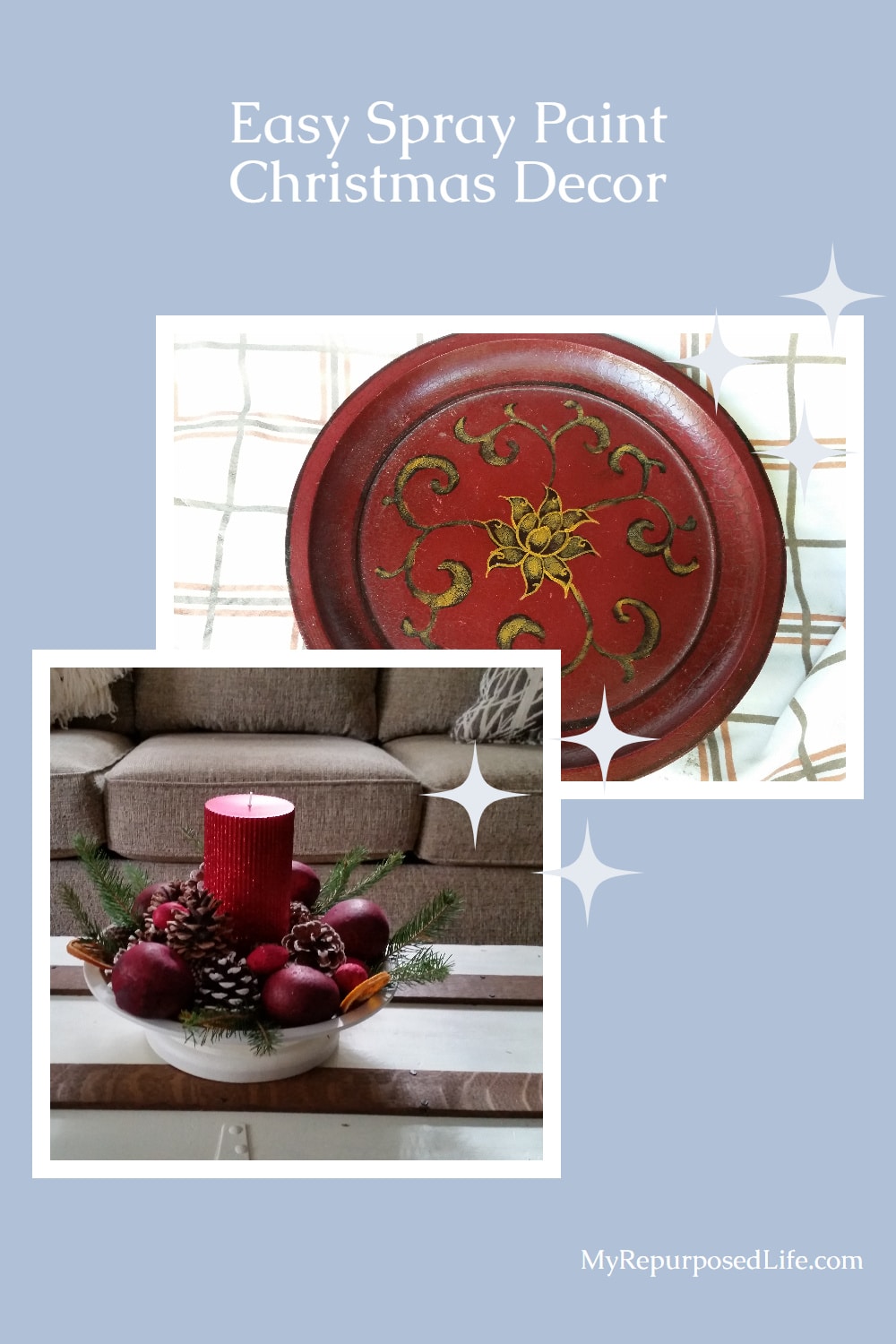 How to change up a thrift store platter with spray paint into a pretty new Christmas decor project. #MyRepurposedLife #upcycle #Christmasdecor #Christmas via @repurposedlife