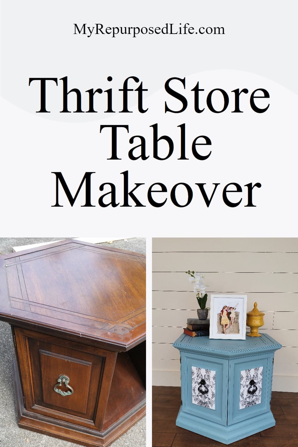 Hexagon Side Table Makeover easy decoupage project! Tips for decoupage, painting, and distressing. You will want to save this to refer back to! #MyRepurposedLife #repurposed #furniture #makeover #tips #tricks #diy #decoupage #distressing #painted via @repurposedlife