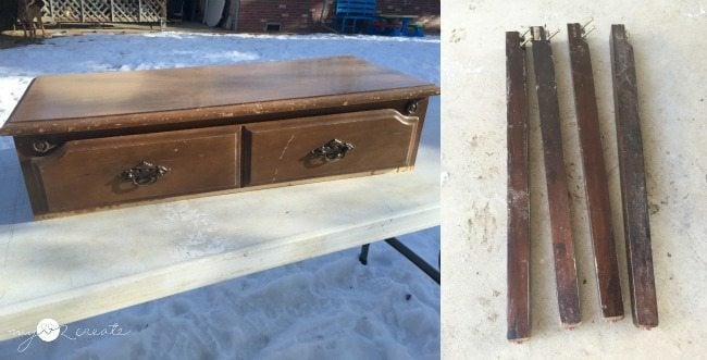 before of storage bench, dresser top and table legs