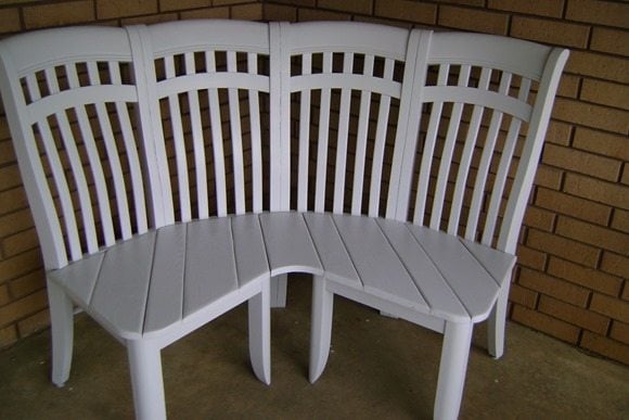 corner bench made from chairs MyRepurposedLife.com