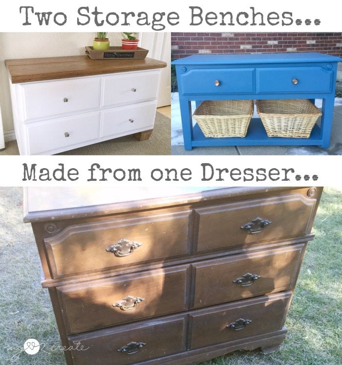 two storage benches repurposed from one dresser