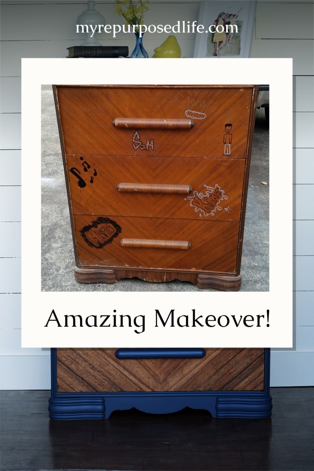 This amazing makeover of a waterfall chest of drawers will have you wondering why you threw that piece out. Abused furniture can be beautifully saved! #MyRepurposedLife #repurposed #furniture #waterfall #dresser #chestofdrawers #diy Makeover via @repurposedlife