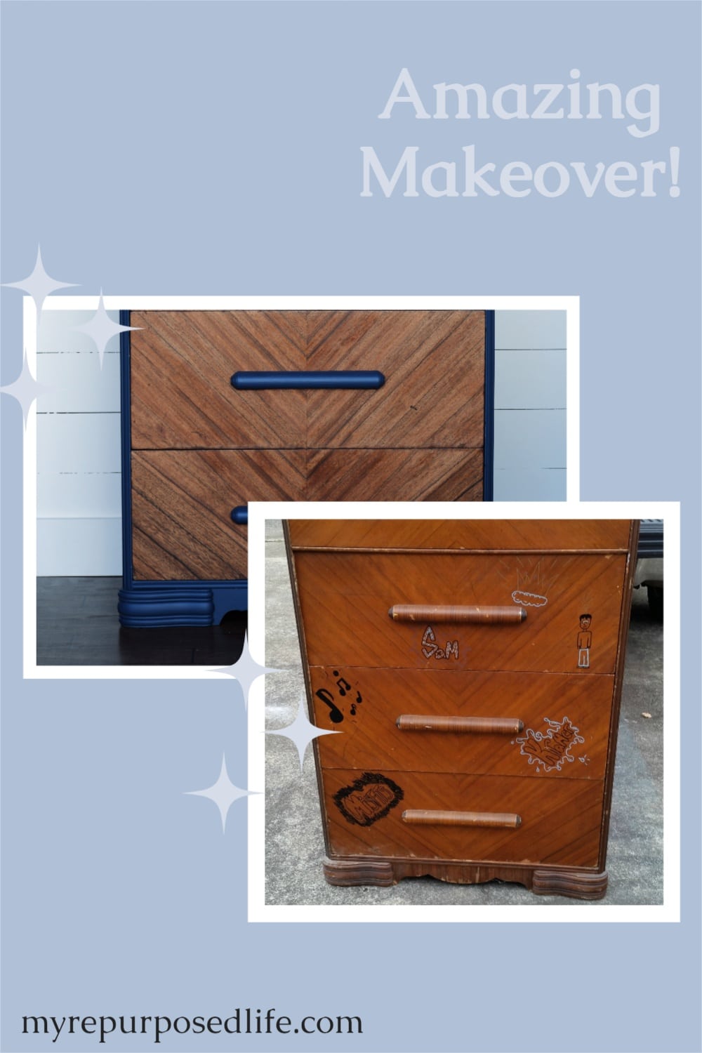 This amazing makeover of a waterfall chest of drawers will have you wondering why you threw that piece out. Abused furniture can be beautifully saved! #MyRepurposedLife #repurposed #furniture #waterfall #dresser #chestofdrawers #diy Makeover via @repurposedlife