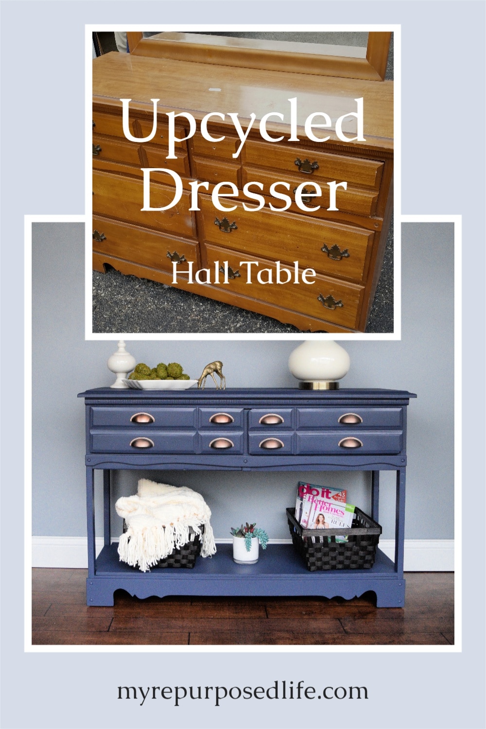 How to repurpose furniture by turning an old, unwanted dresser into a useful hall table or sofa table. Step by step directions make this a doable project! #myrepurposedlife #upcycle #dresser #halltable #DIY via @repurposedlife