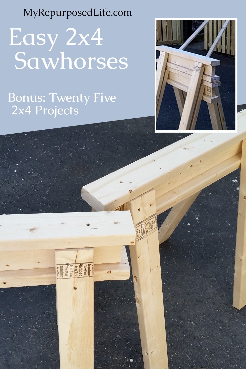 How to make a set of easy 2x4 sawhorses with a step by step tutorial. Bonus: Twenty Five 2x4 projects included in this article. via @repurposedlife