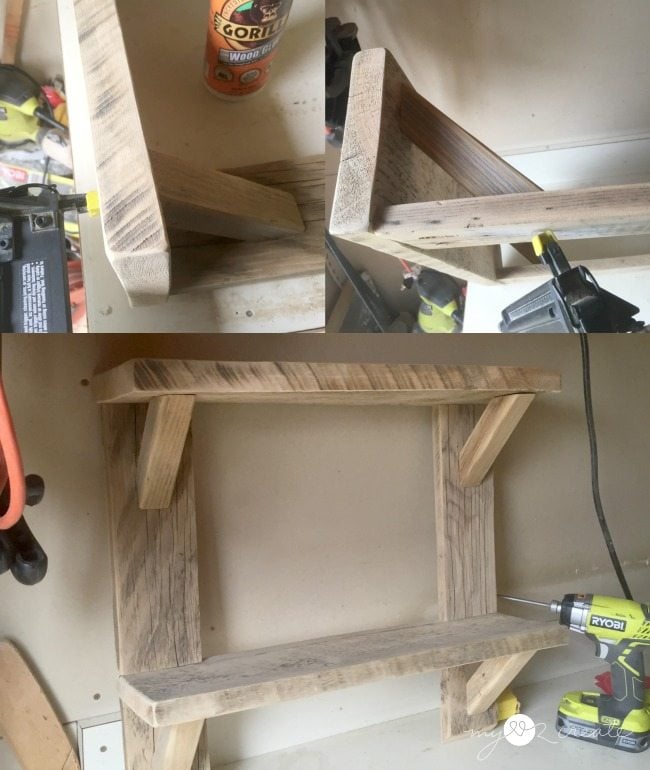 gluing and nailing wood brackets to shelves
