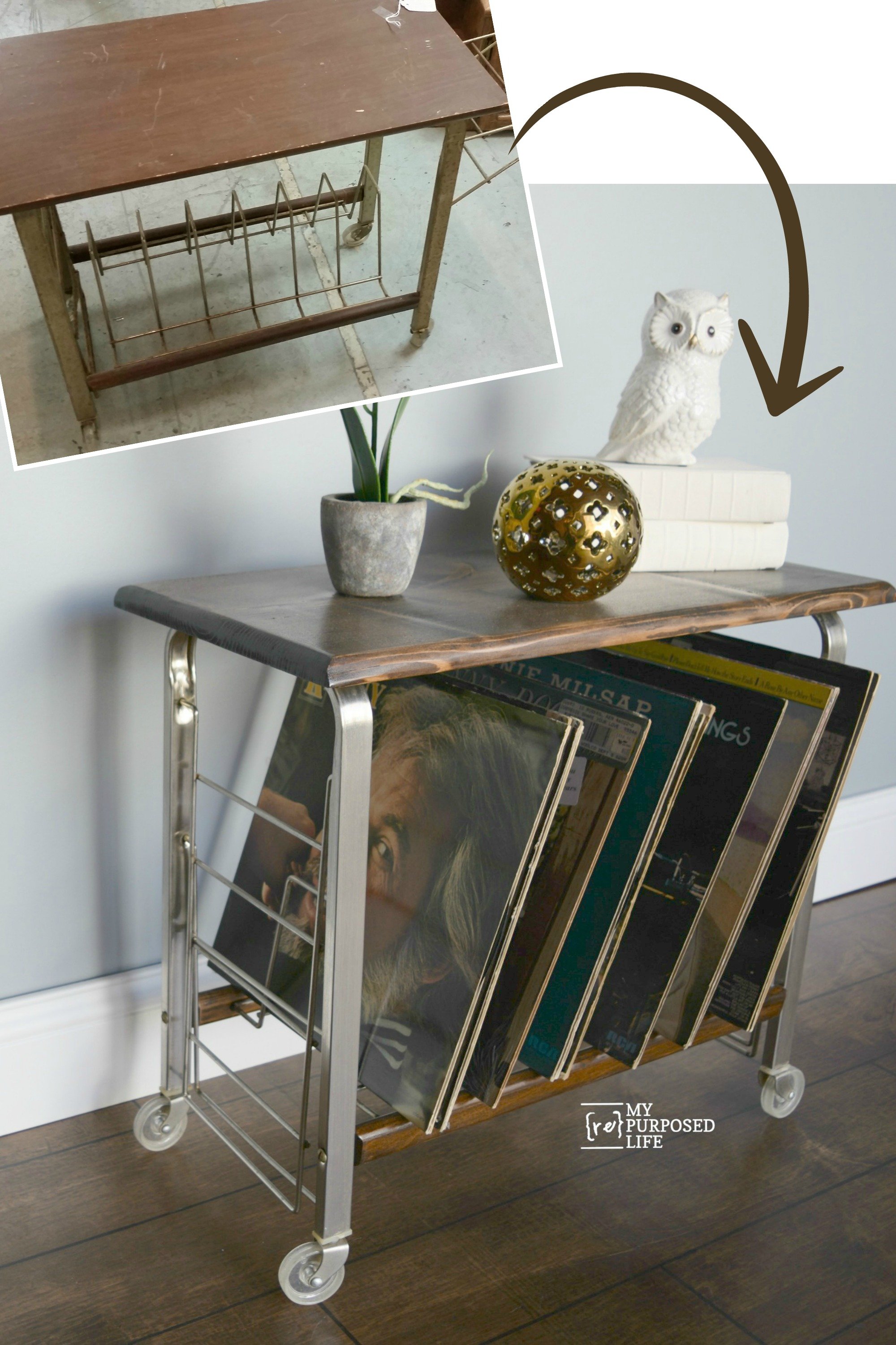 A vintage record table found used and abused for $5 at a thrift store gets a great new look. Don't overlook great bones, the blemishes can be fixed. #MyRepurposedLife #vintage #record #table #thriftstorefind #makeover via @repurposedlife