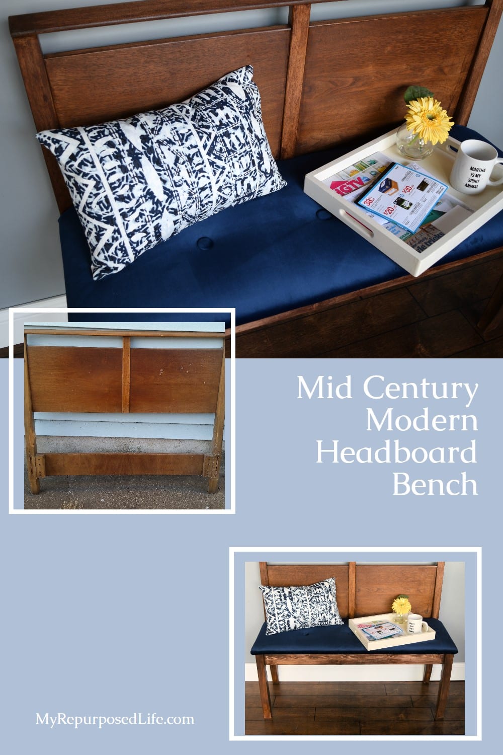 How to make a unique headboard bench from a mid century modern style bed. Step by step directions to do it yourself. Tips on upholstery. #MyRepurposedLife #headboard #bench via @repurposedlife