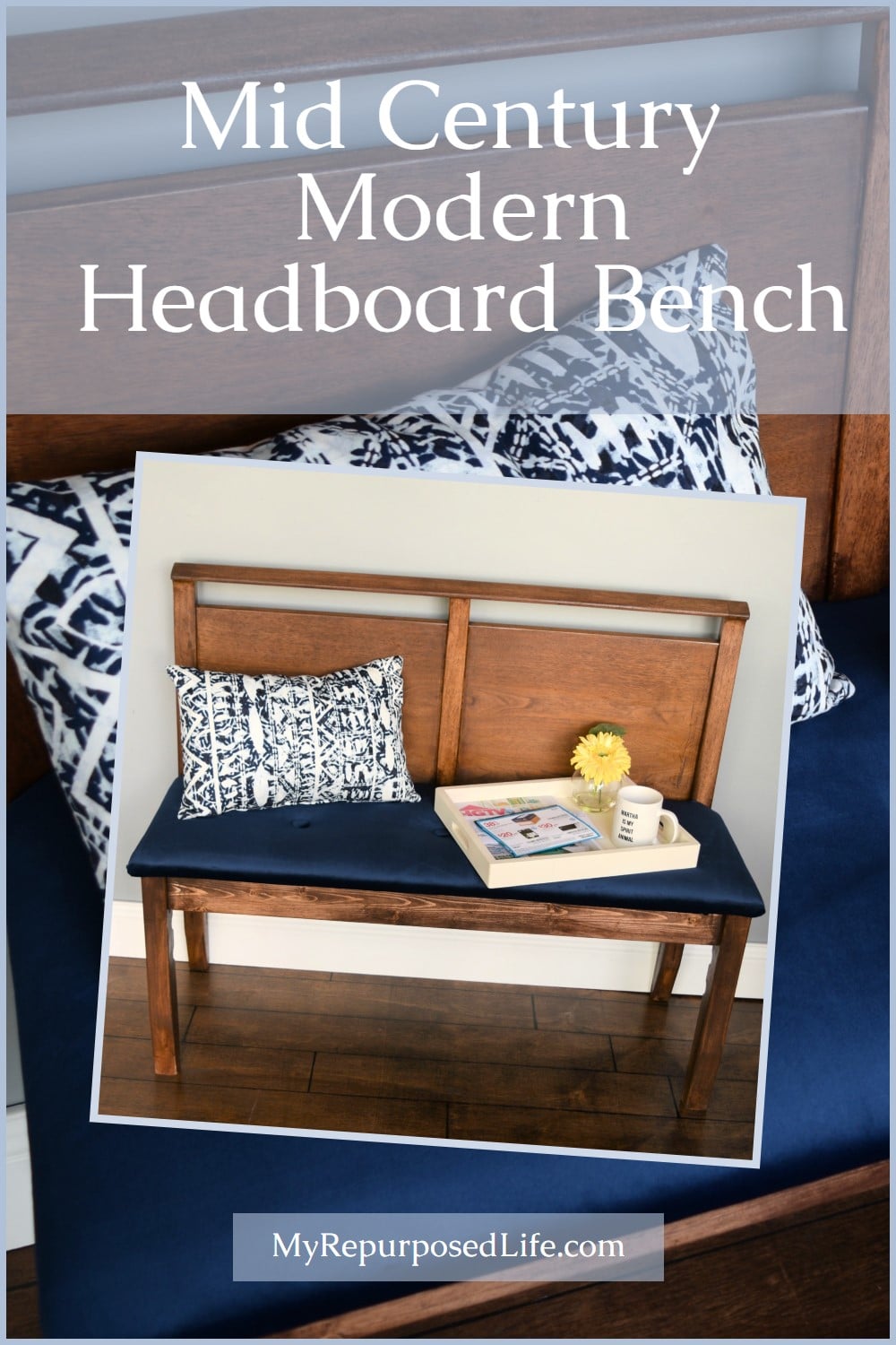 How to make a unique headboard bench from a mid century modern style bed. Step by step directions to do it yourself. Tips on upholstery. #MyRepurposedLife #headboard #bench via @repurposedlife