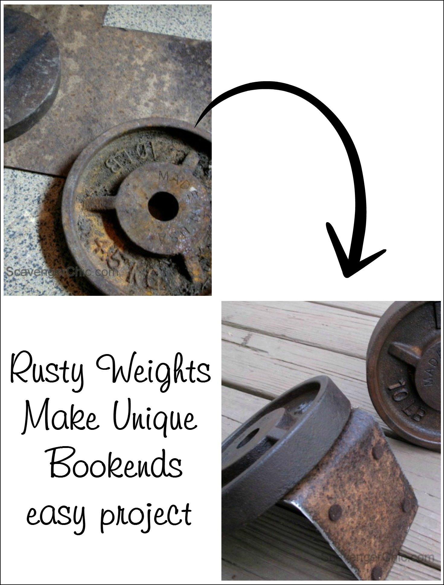 Rusty Weights make unique Bookends easy project Scavenger Chic for MyRepurposedlife.com