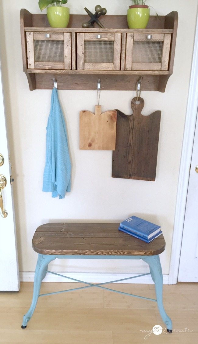 bench made from repurposed barstool legs 