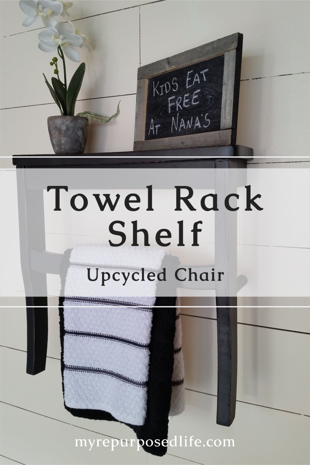 Using an old chair I'll show you how to make a fun, unique wall shelf using the chair seat. Perfect for a guest bath or guest room. Shelf with a towel rack, so easy! #MyRepurposedLife #upcycle #chair #repurposed #shelf #towelrack via @repurposedlife