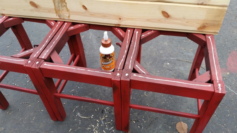 attach tongue and groove seat boards to bench with wood glue