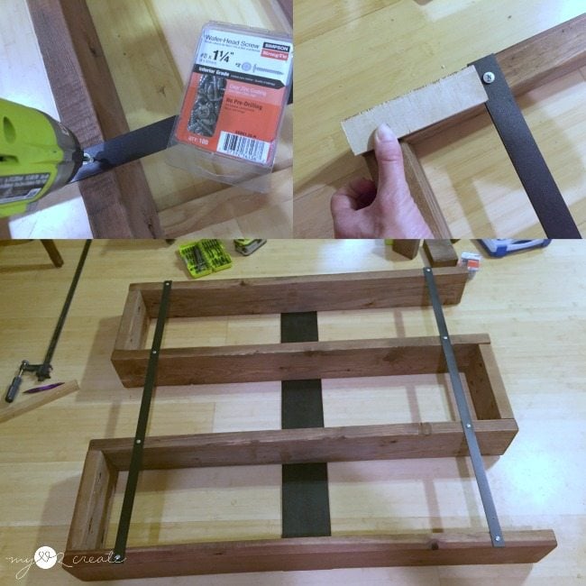 attaching metal straps to secure bookshelf