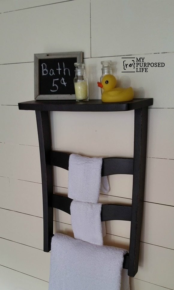 black chair back towel rack shelf MyRepurposedLife.com