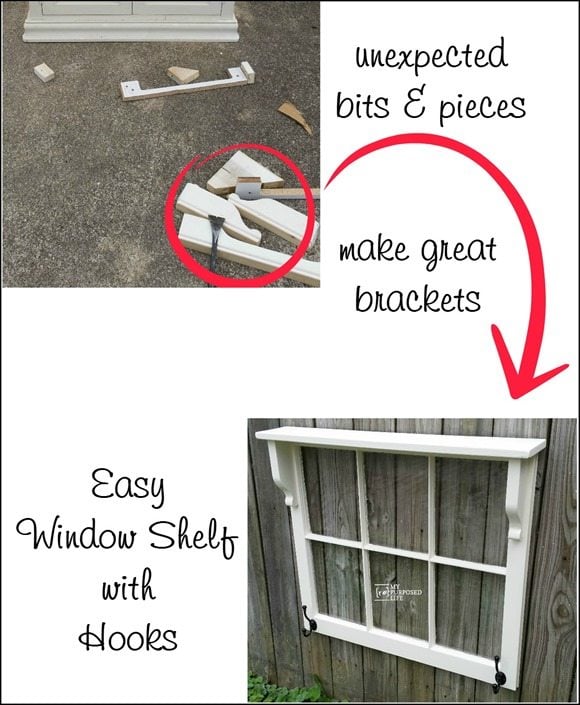 How to make an easy window shelf with hooks out of unexpected bits & pieces. Step by step instructions so you can make this a quick weekend project. #MyRepurposedLife #repurposed #window #hookrack #coatrack via @repurposedlife