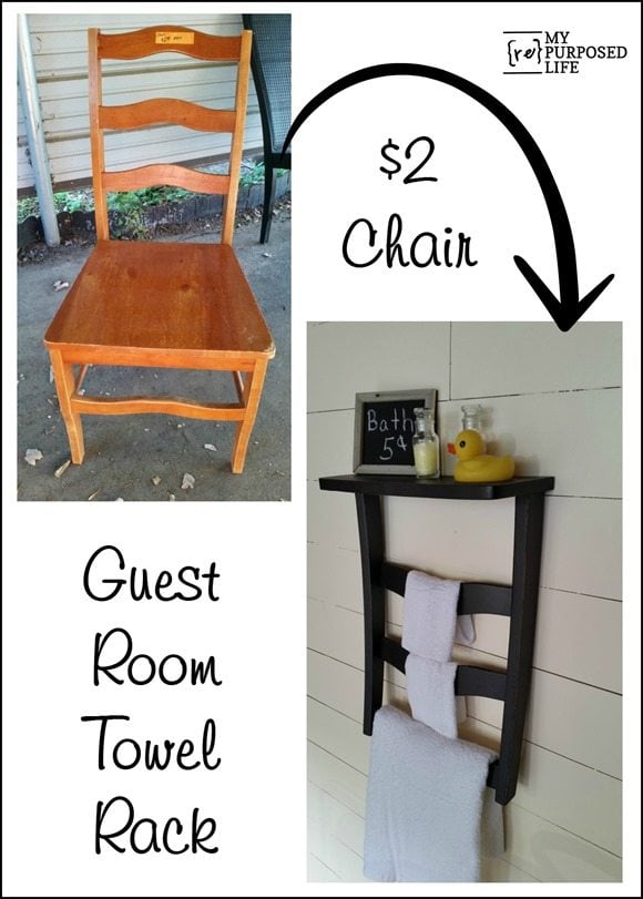 old chair makes a great guest room towel rack shelf MyRepurposedLife.com