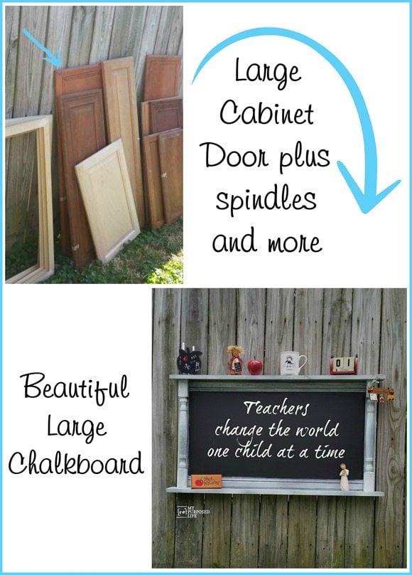 How to make a large chalkboard shelf using an old cabinet door, some thrift store spindles and scrap wood. Step by step tutorial for you to make one too! #MyRepurposedLife #repurposed #cabinetdoor #chalkboard via @repurposedlife