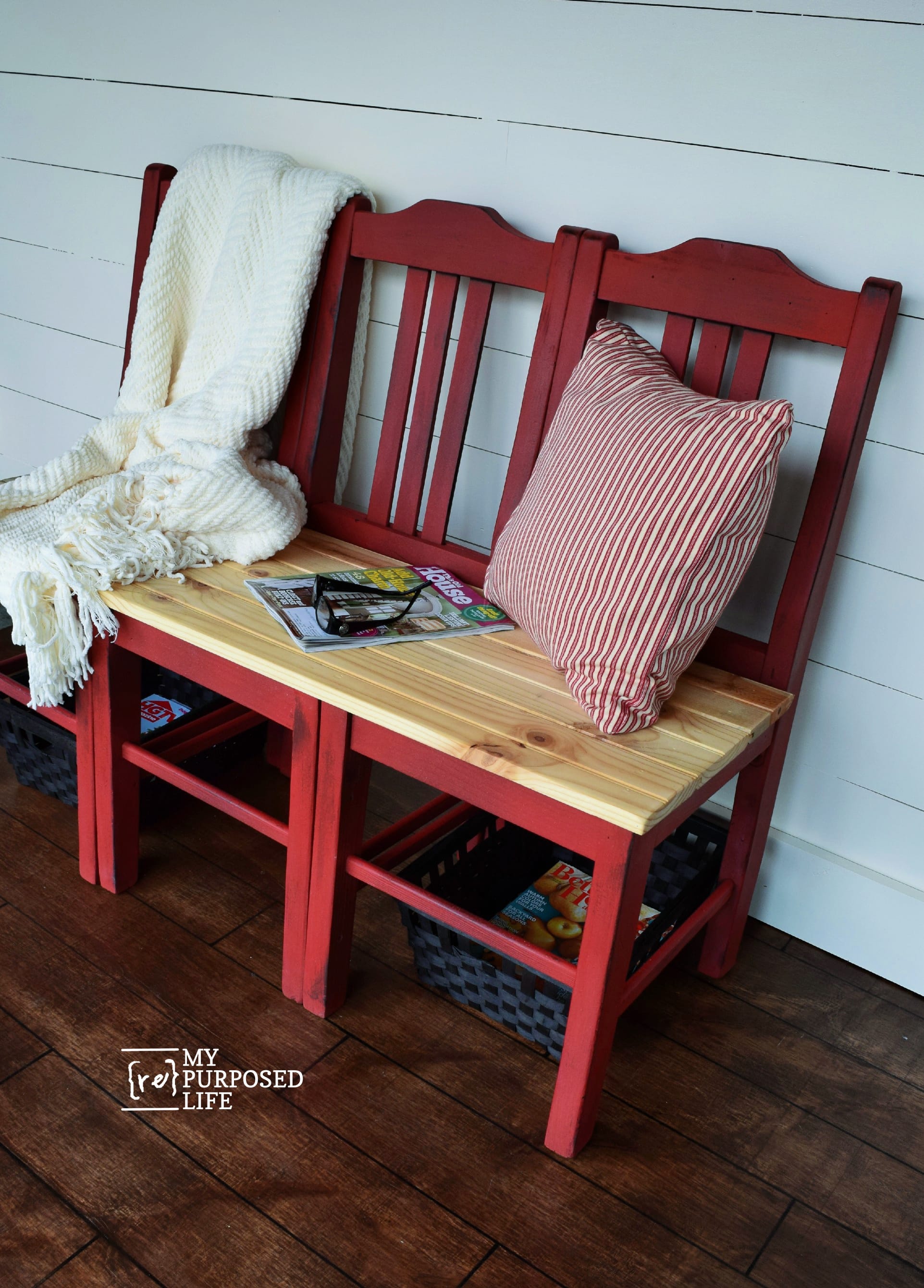 top view of a red bench made from three chairs