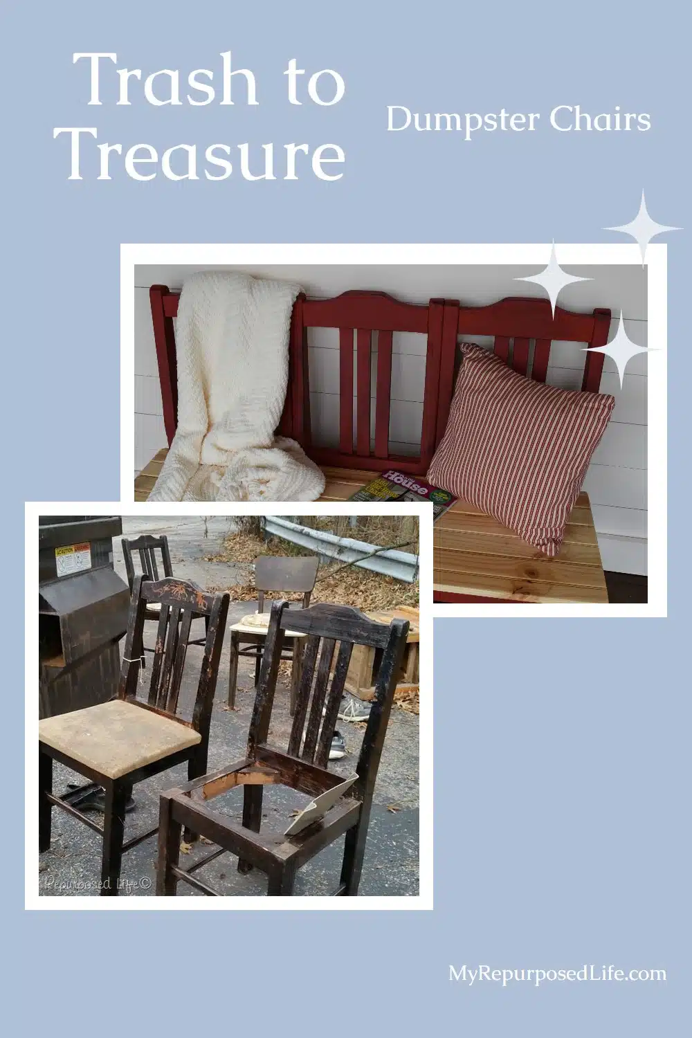 How to make a bench from three dumpster chairs. Easiest chair bench tutorial you will find. How did I get the perfect red? All the details included for you. #MyRepurposedLife #repurposed #furniture #chair #bench #tutorial #diy via @repurposedlife