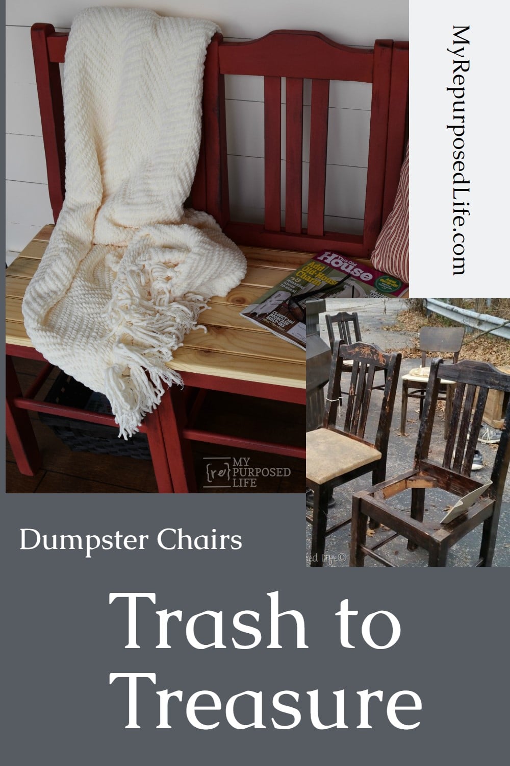 How to make a bench from three dumpster chairs. Easiest chair bench tutorial you will find. How did I get the perfect red? All the details included for you. #MyRepurposedLife #repurposed #furniture #chair #bench #tutorial #diy via @repurposedlife