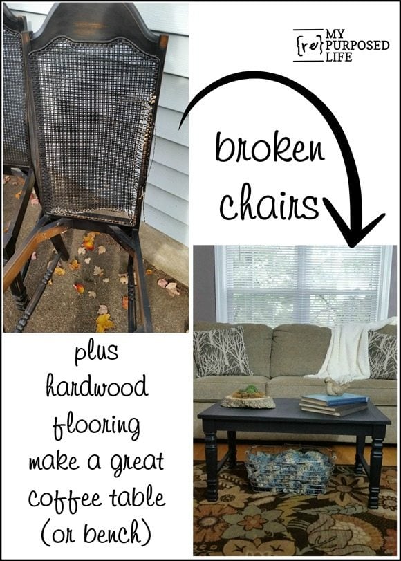 how to make a coffee table or bench out of old chairs and hardwood flooring MyRepurposedLife.com