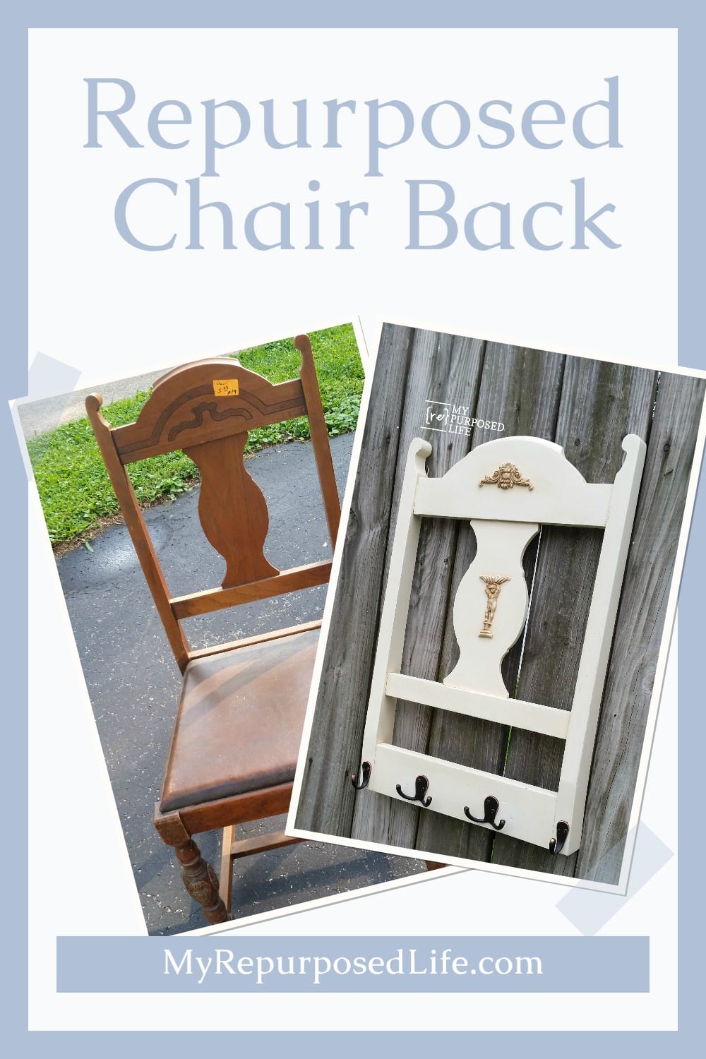 This repurposed chair back coat rack is easy to make out of any chair you may have or find on the side of the road. This project takes only an afternoon. #MyRepurposedLife #repurposed #chair #back #hookrack #towels #hats #scarves via @repurposedlife