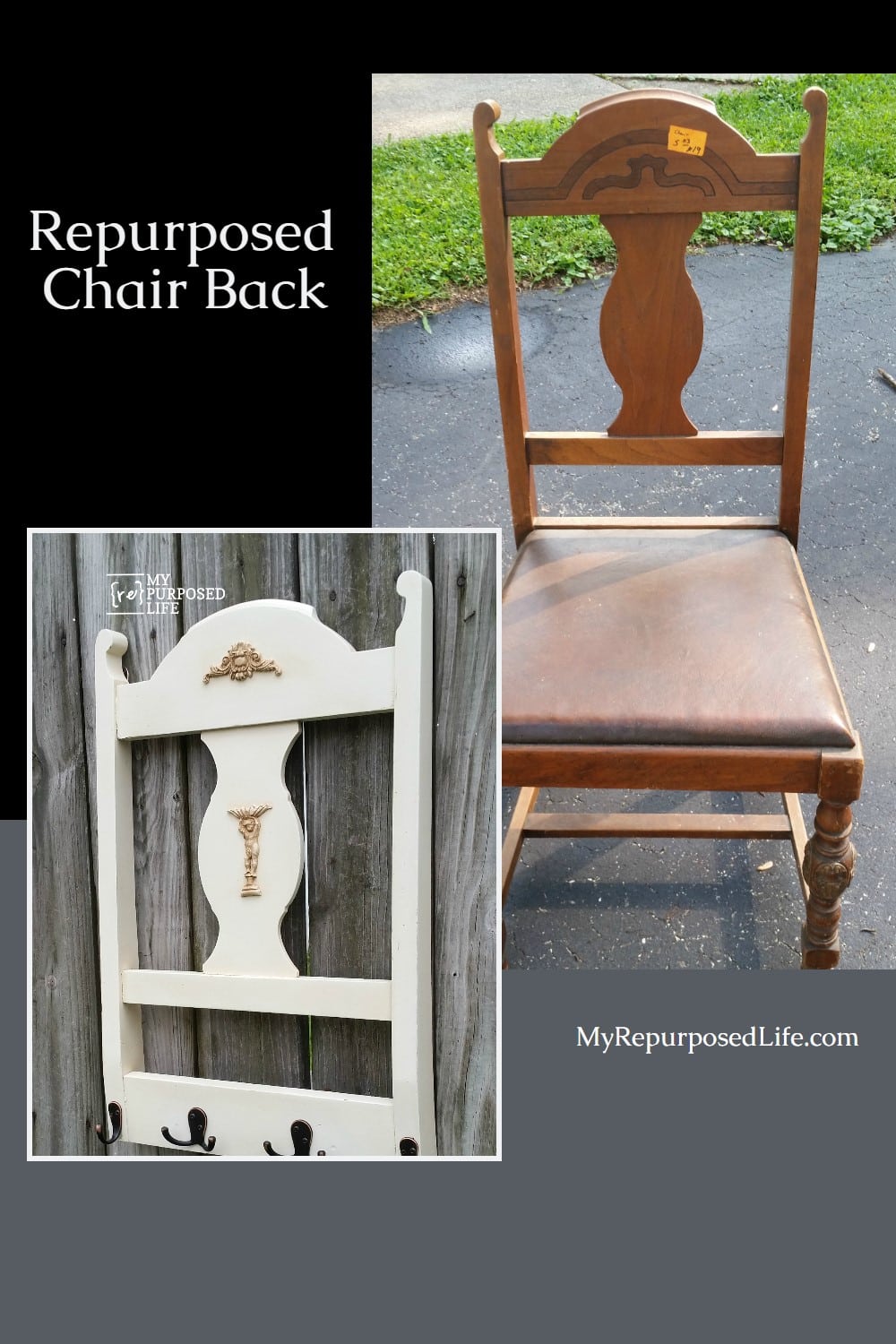 This repurposed chair back coat rack is easy to make out of any chair you may have or find on the side of the road. This project takes only an afternoon. #MyRepurposedLife #repurposed #chair #back #hookrack #towels #hats #scarves via @repurposedlife