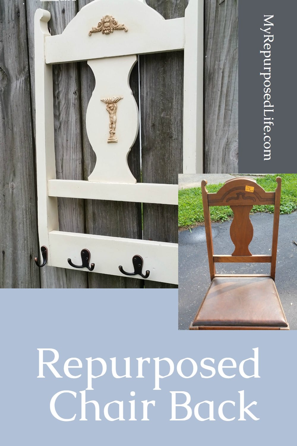 This repurposed chair back coat rack is easy to make out of any chair you may have or find on the side of the road. This project takes only an afternoon. #MyRepurposedLife #repurposed #chair #back #hookrack #towels #hats #scarves via @repurposedlife