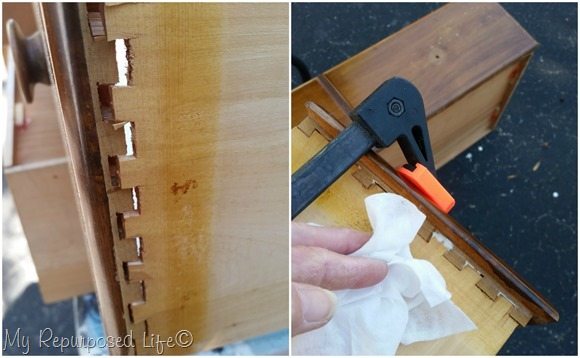 repair dove tail joint with wood glue and clamp