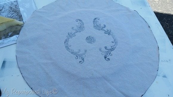 stamping ink on drop cloth upholstery