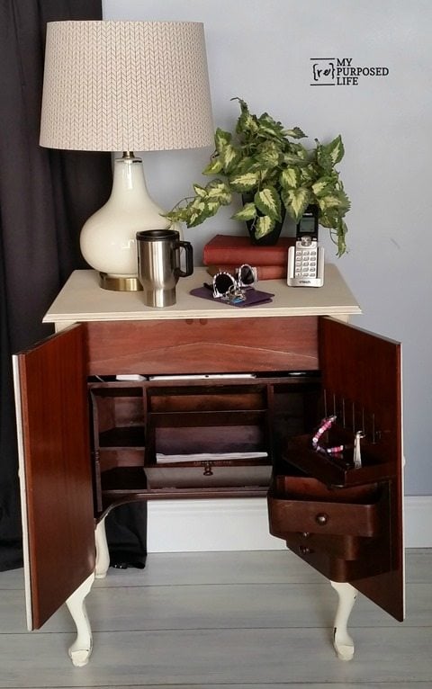 vintage sewing cabinet storage cabinet charging station for your entryway MyRepurposedLife.com