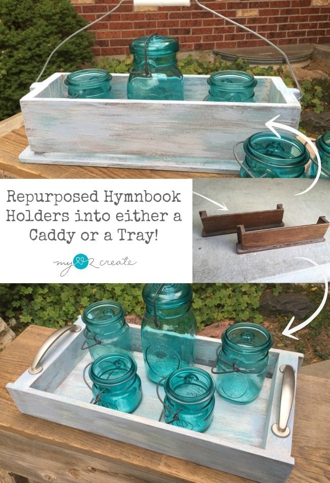repurposed hymnbook holders into a caddy and a tray