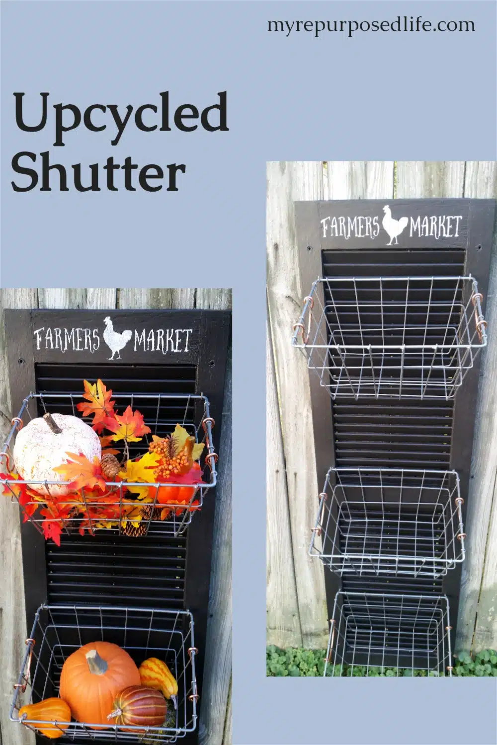 How to repurpose an old shutter into a hanging produce bin by adding some hooks and wire baskets. Lean against the wall or hang it to keep produce handy. #MyRepurposedLife #repurposed #upcycle #shutter #produce #bin #organizer via @repurposedlife