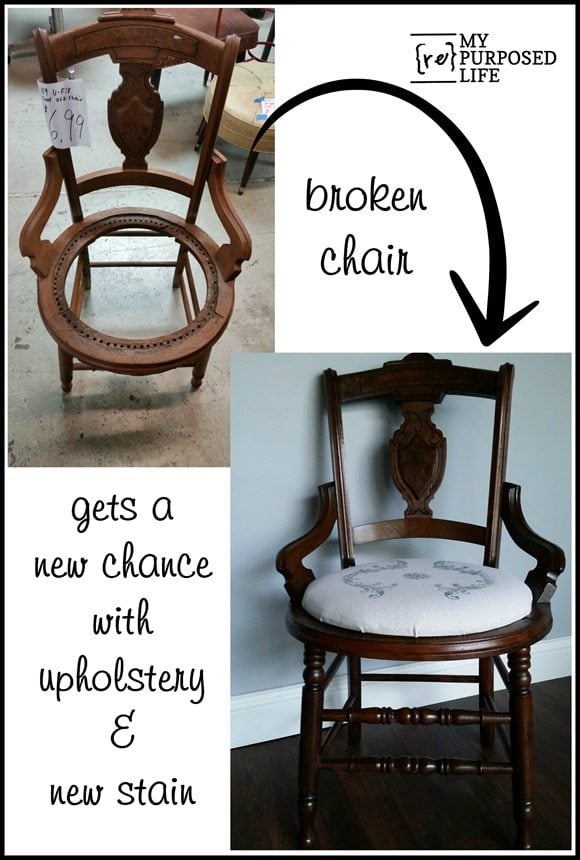 broken antique cane chair new upholstery and stain MyRepurposedLife.com