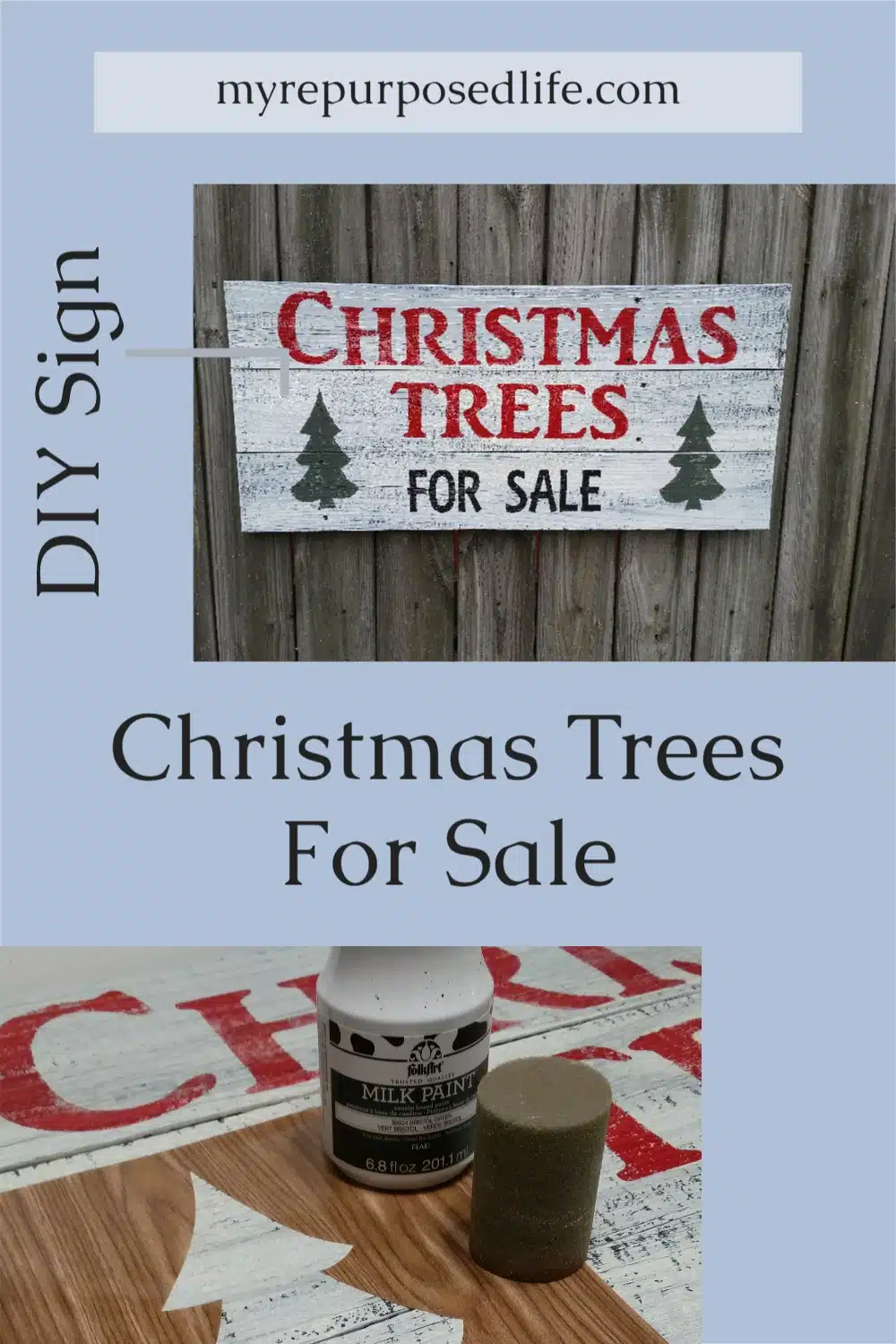 How to make this Christmas Trees for sale sign as seen in a fixer upper kitchen. This easy sign uses contact paper stencils cut with a silhouette portrait. #MyRepurposedLife #upcyle #christmas #treesforsale #sign via @repurposedlife
